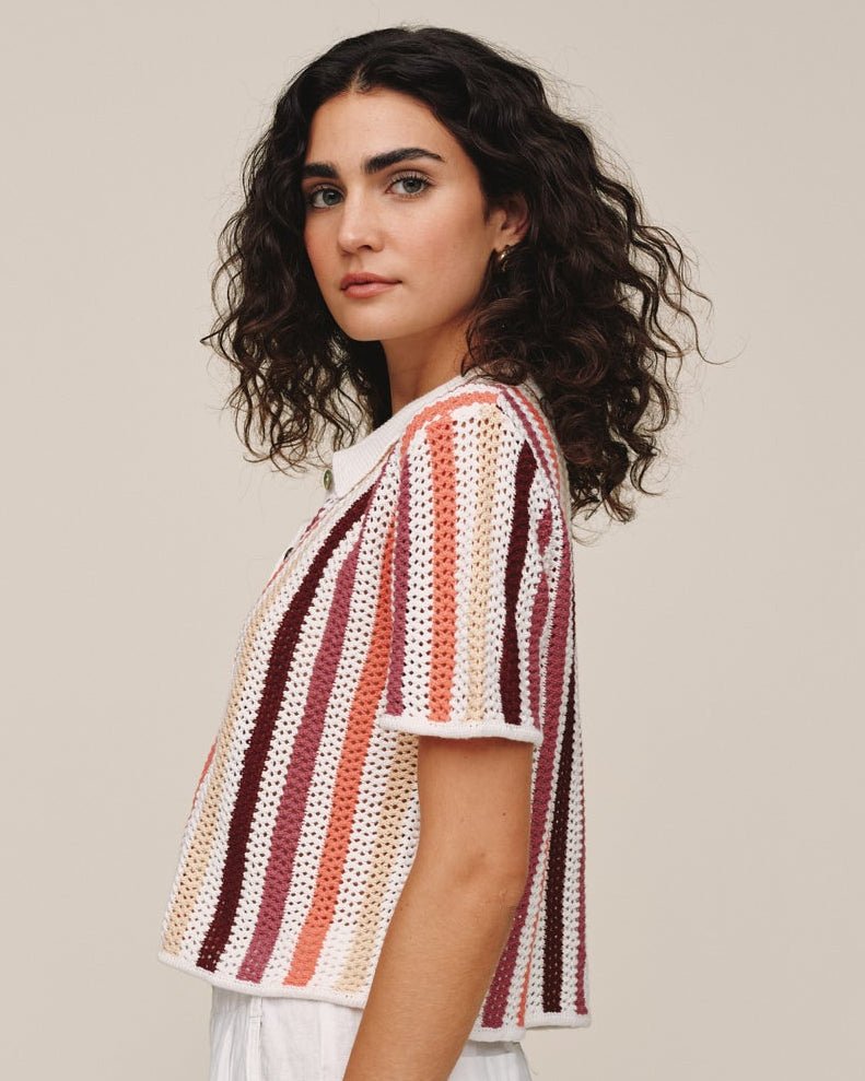 Bella Dahl Short Sleeve Open Knit Stripe Button Down - Beach Side Stripe