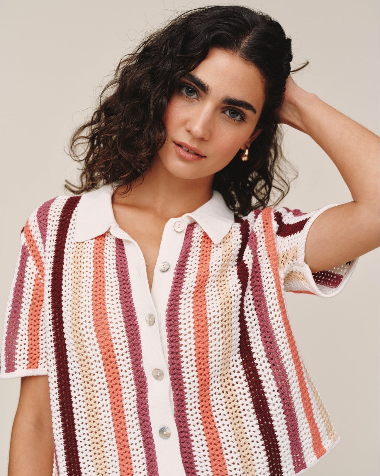 Bella Dahl Short Sleeve Open Knit Stripe Button Down - Beach Side Stripe