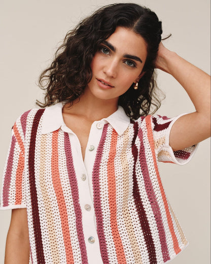 Bella Dahl Short Sleeve Open Knit Stripe Button Down - Beach Side Stripe