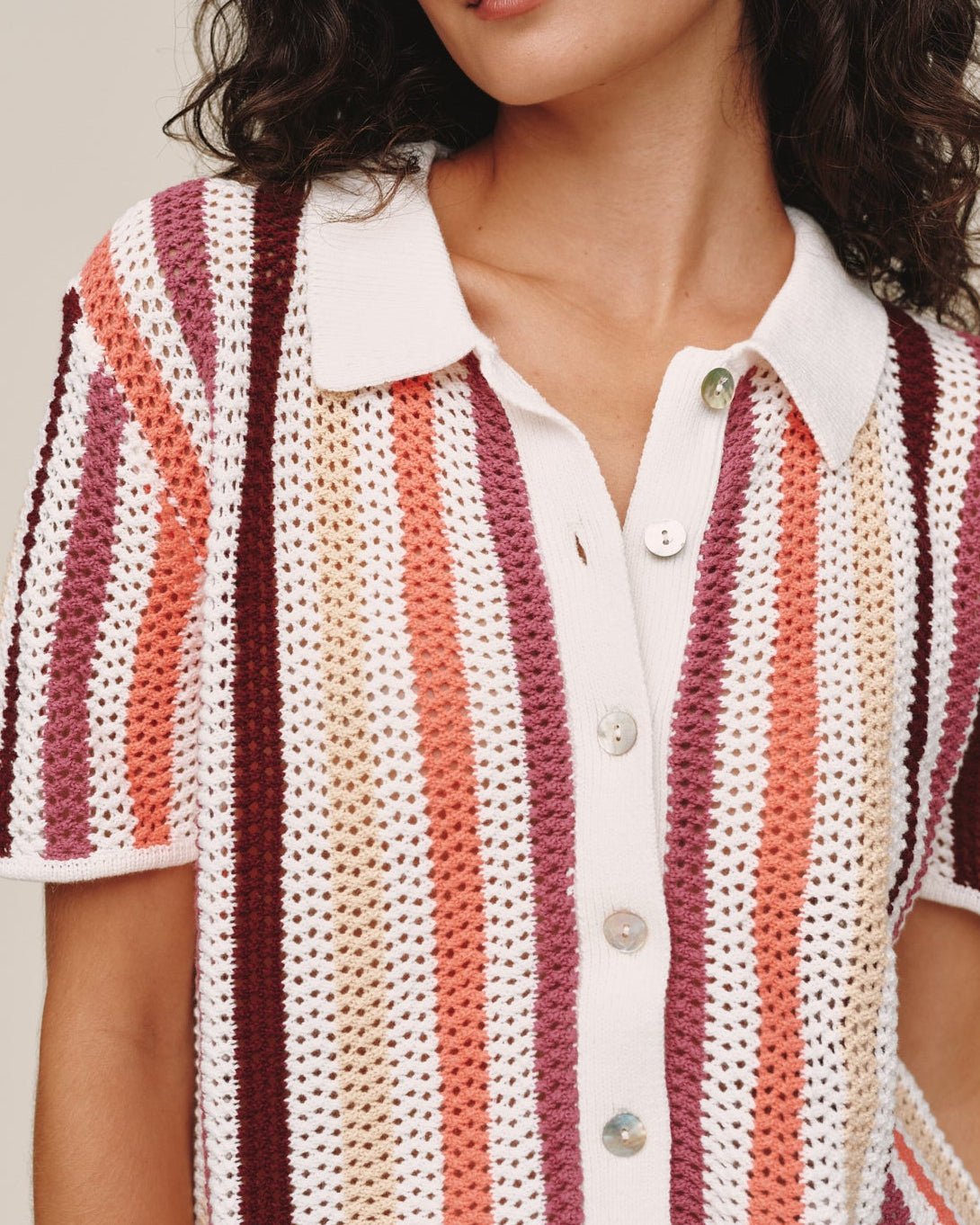 Bella Dahl Short Sleeve Open Knit Stripe Button Down - Beach Side Stripe