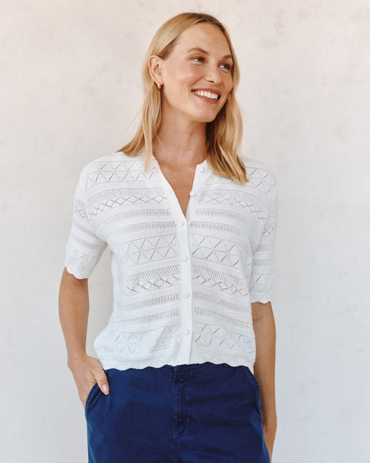 Bella Dahl Short Sleeve Button Down Sweater - Ecru Ivory