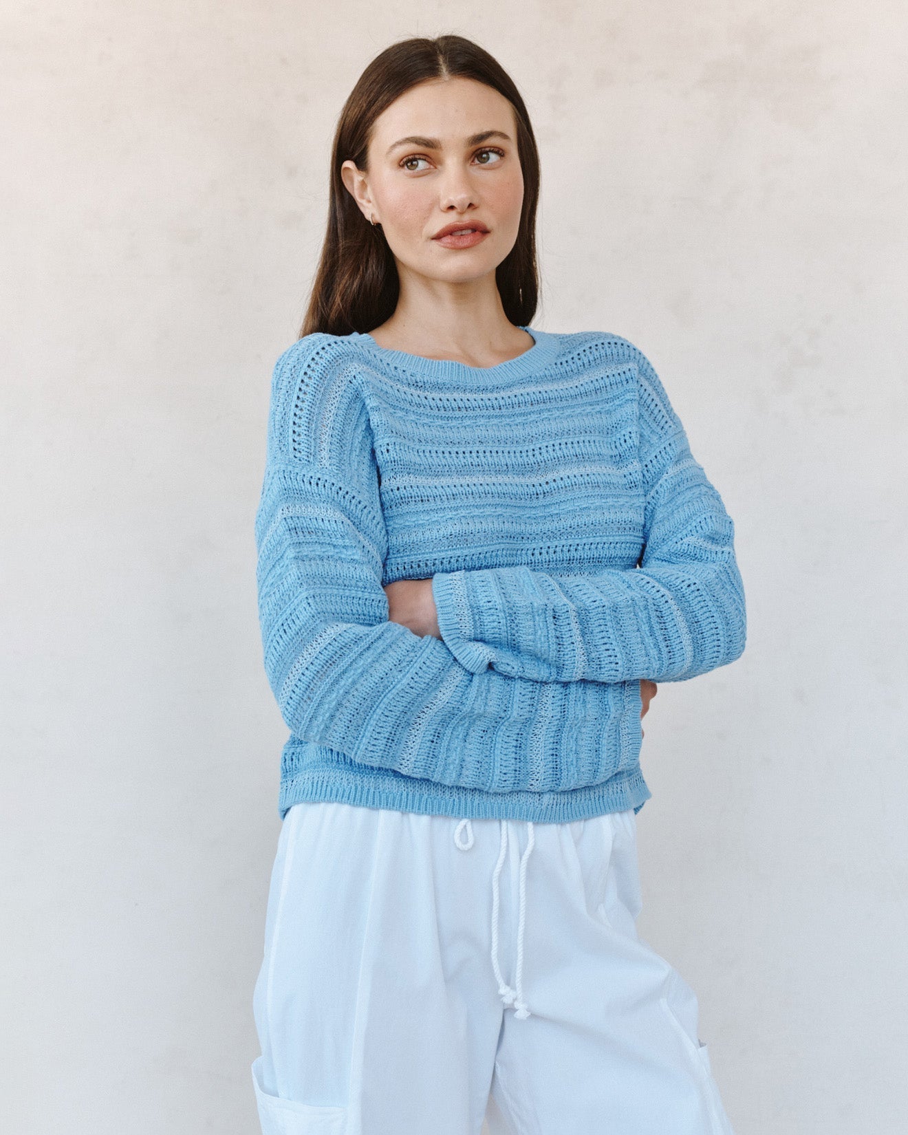 Bella Dahl Textured Crew Neck Sweater - Sea Breeze Blue