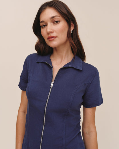 Bella Dahl Short Sleeve Zip Front Dress - Deep Cobalt