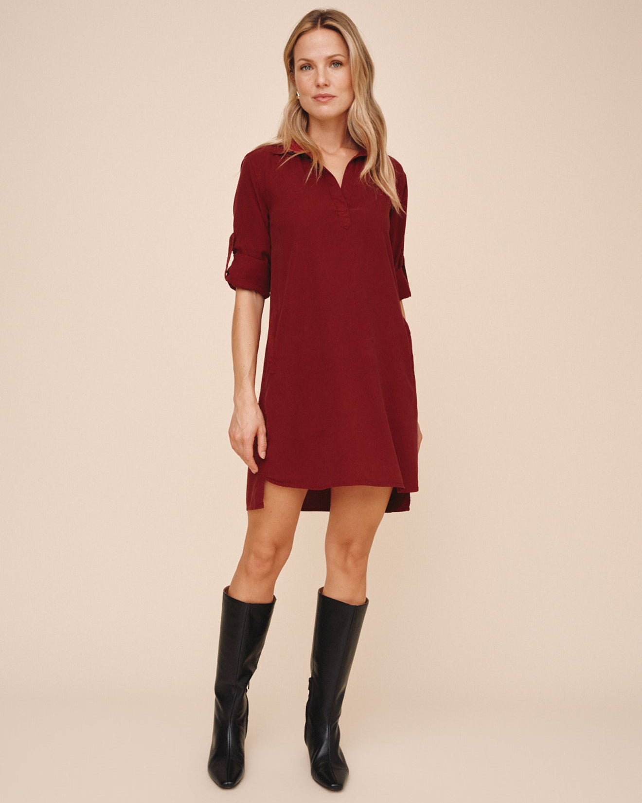 Bella Dahl A Line Rolled Tab Sleeve Dress - Deep Crimson