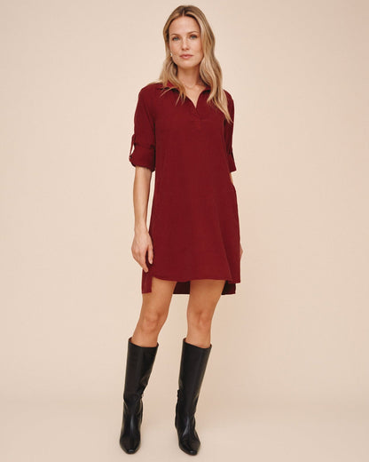 Bella Dahl A Line Rolled Tab Sleeve Dress - Deep Crimson
