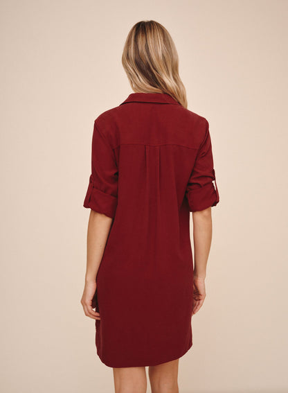 Bella Dahl A Line Rolled Tab Sleeve Dress - Deep Crimson