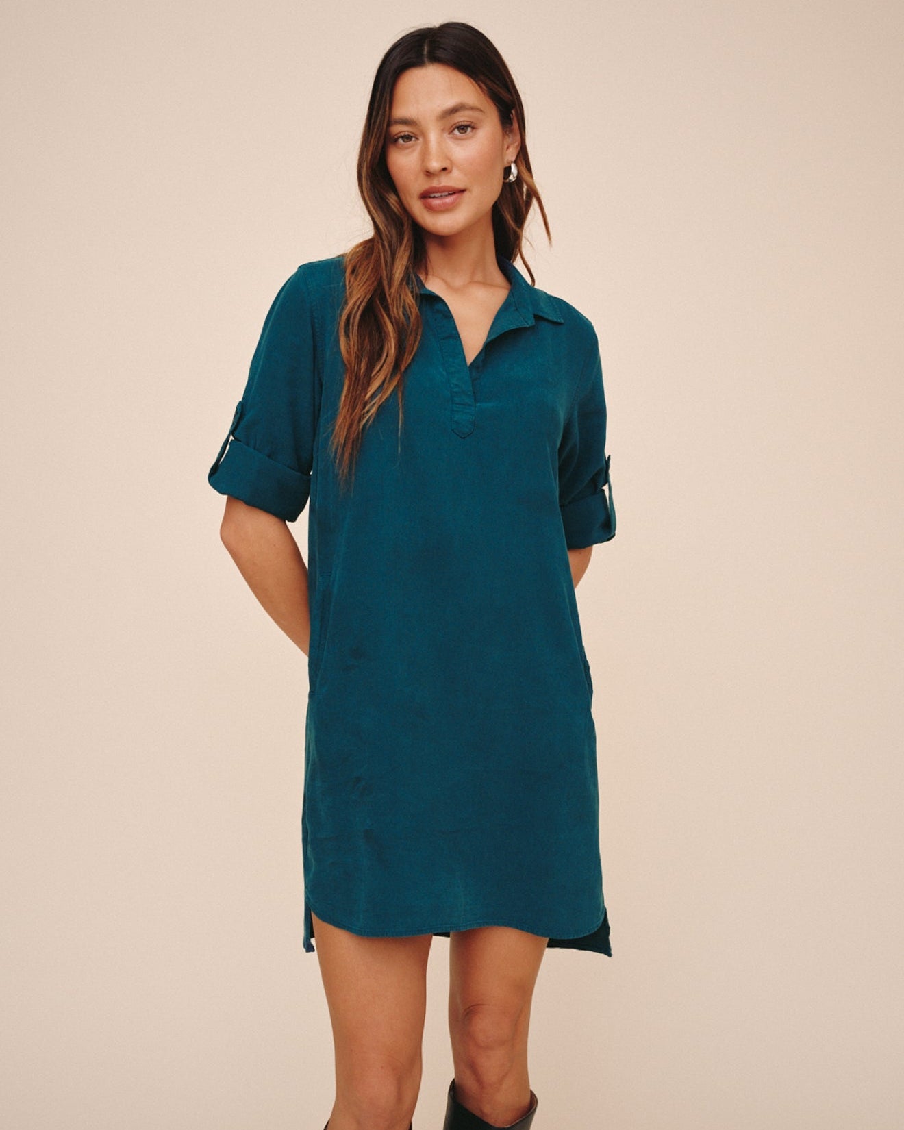 Bella Dahl A Line Rolled Tab Sleeve Dress - Twilight Teal
