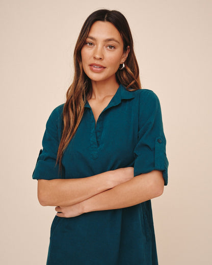 Bella Dahl A Line Rolled Tab Sleeve Dress - Twilight Teal