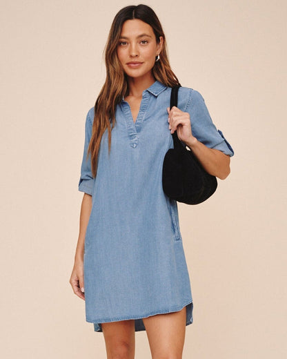 Bella Dahl A Line Rolled Tab Sleeve Dress - Indigo Harbor Wash