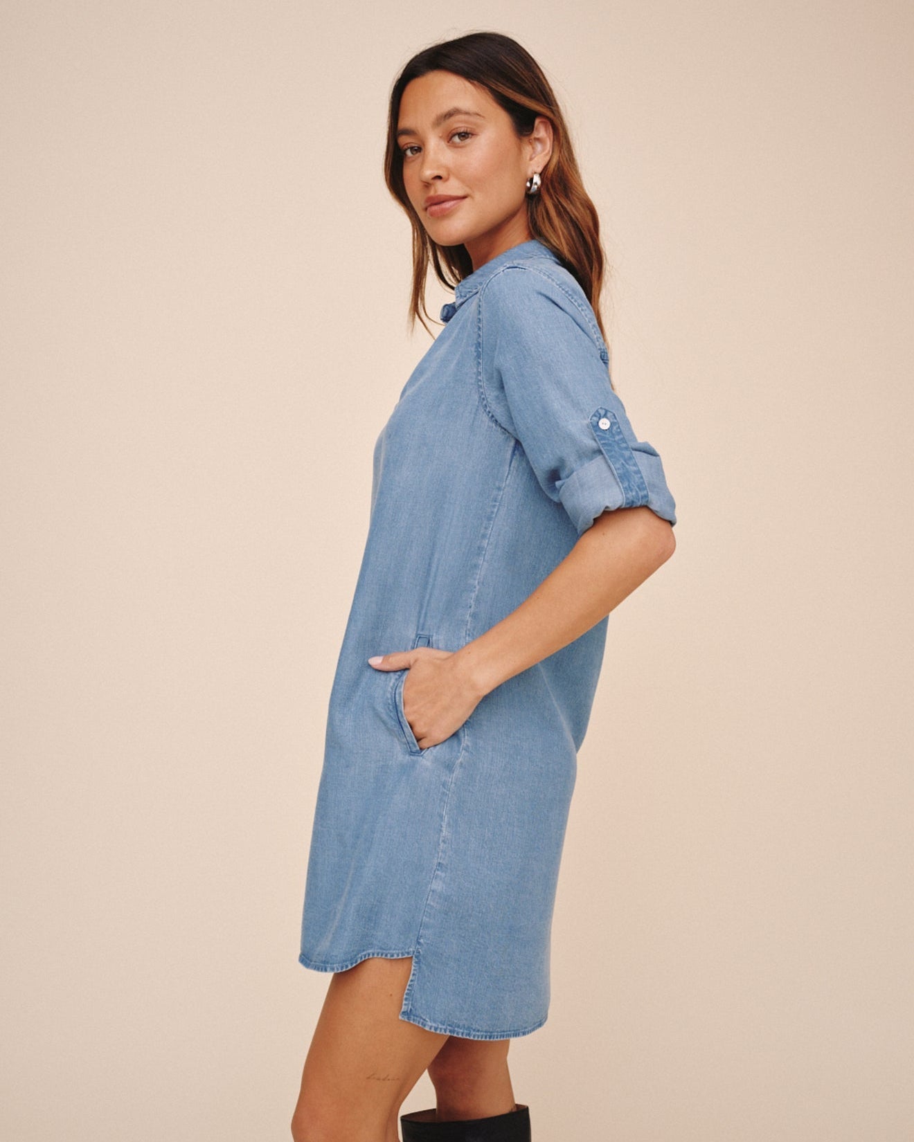 Bella Dahl A Line Rolled Tab Sleeve Dress - Indigo Harbor Wash