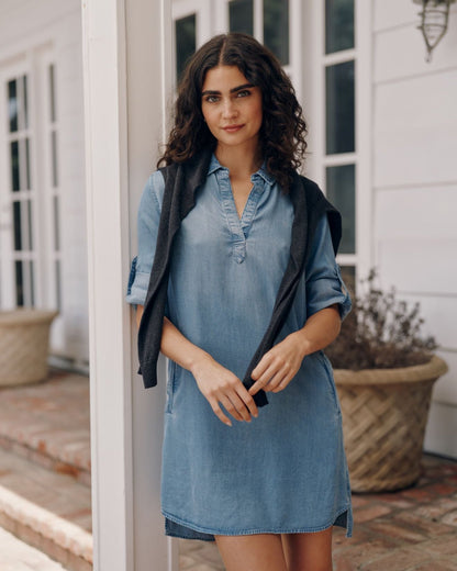 Bella Dahl A Line Rolled Tab Sleeve Dress - Indigo Harbor Wash