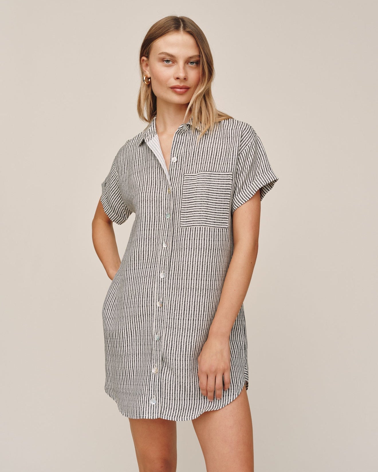 Bella Dahl Roll Sleeve Pocket Shirt Dress - Hatch Stripe