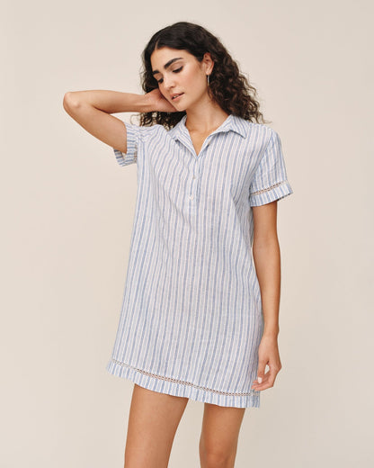 Bella Dahl Short Sleeve Pullover Shirt Dress - Ocean Blue Stripe