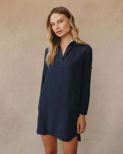 Bella Dahl A-Line Rolled Tab Sleeve Dress in Endless Sea - Bella Dahl