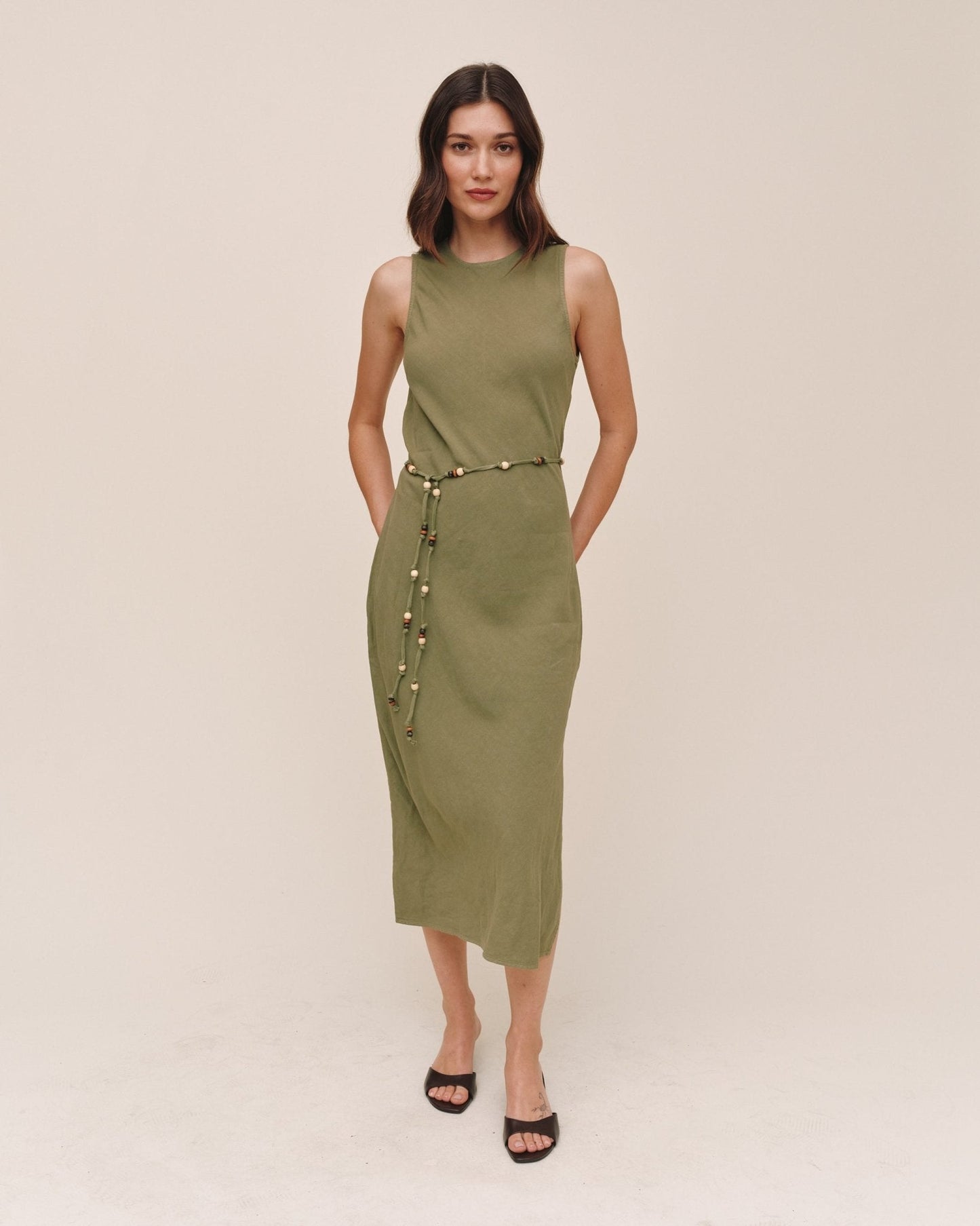 Bella Dahl Bias Midi Dress With Beaded Belt - Olive Leaf