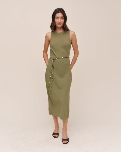 Bella Dahl Bias Midi Dress With Beaded Belt - Olive Leaf