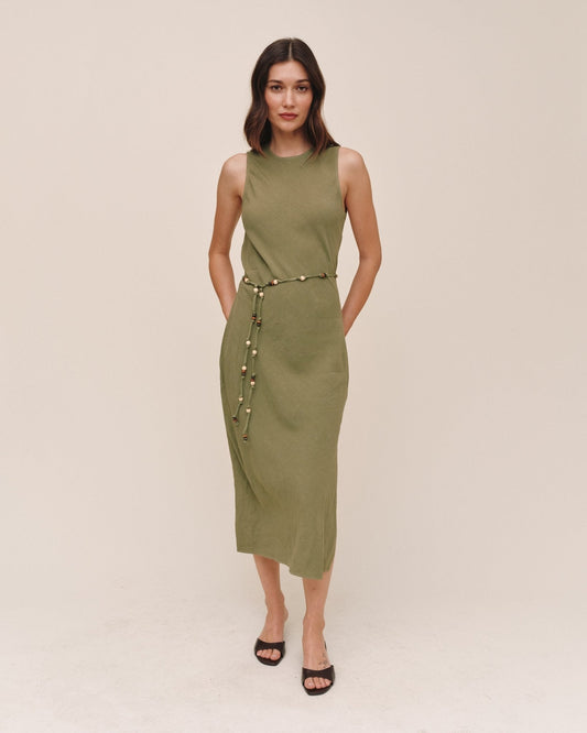 Bella Dahl Bias Midi Dress With Beaded Belt - Olive Leaf