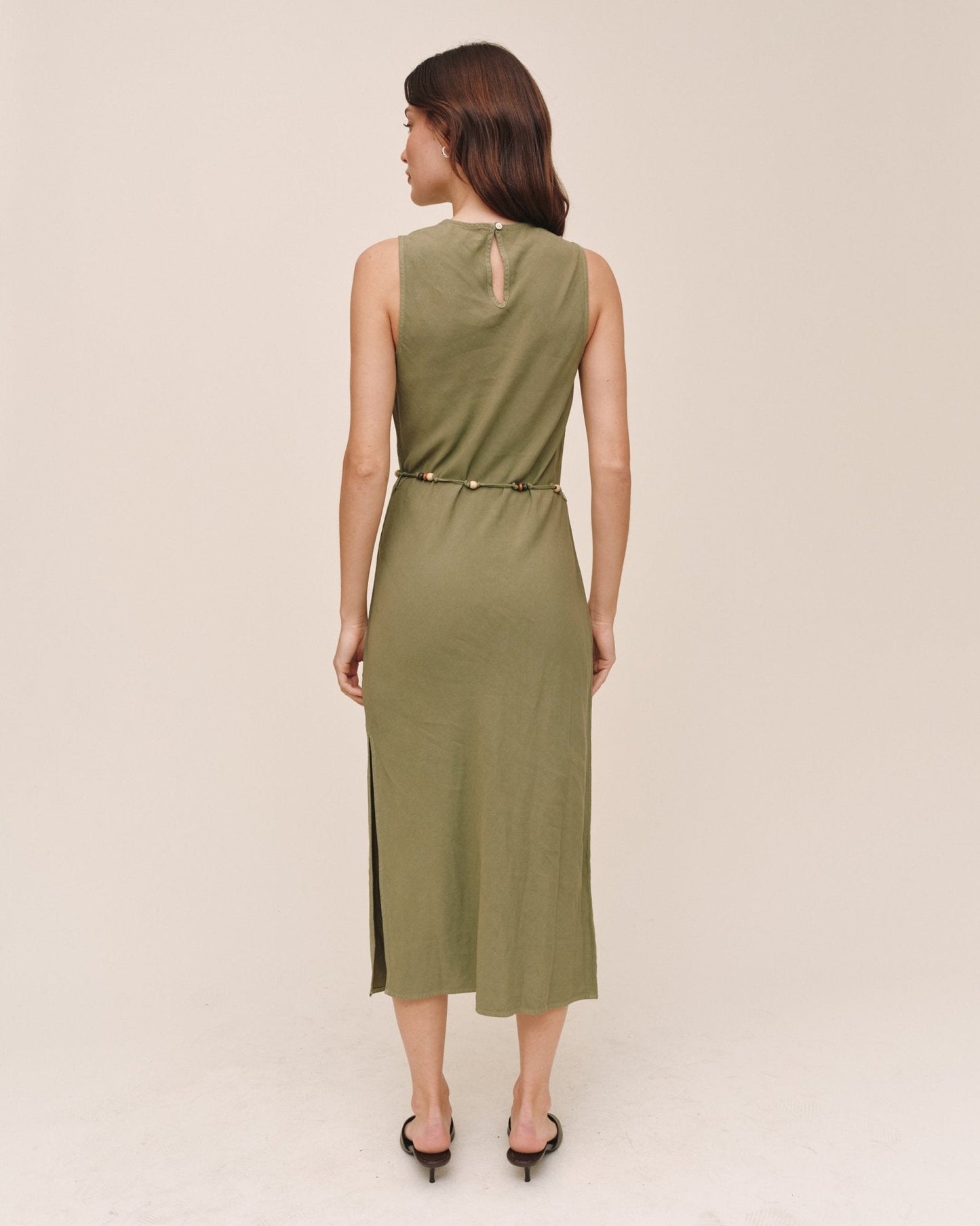 Bella Dahl Bias Midi Dress With Beaded Belt - Olive Leaf