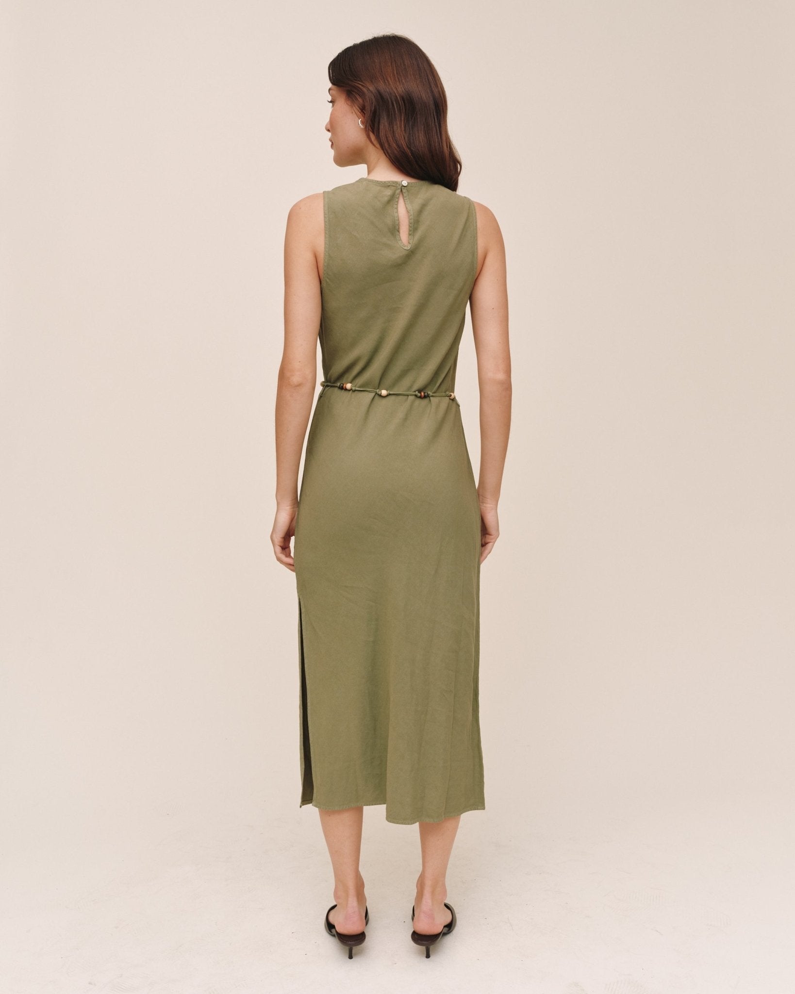 Bella Dahl Bias Midi Dress With Beaded Belt - Olive Leaf