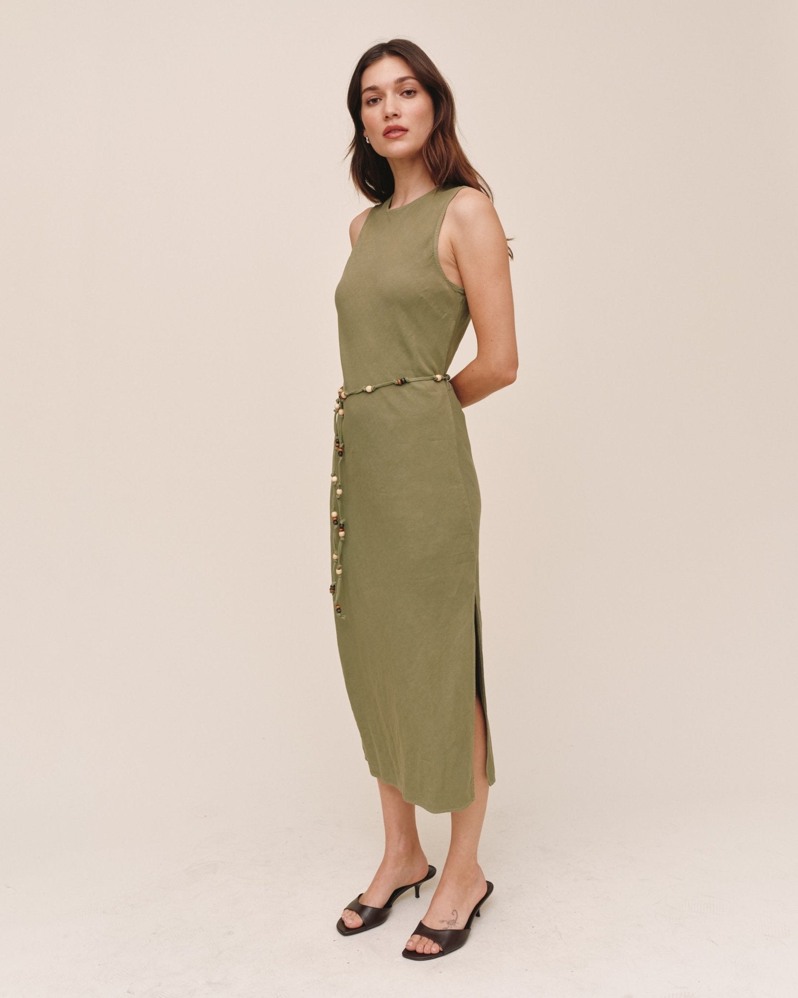Bella Dahl Bias Midi Dress With Beaded Belt - Olive Leaf