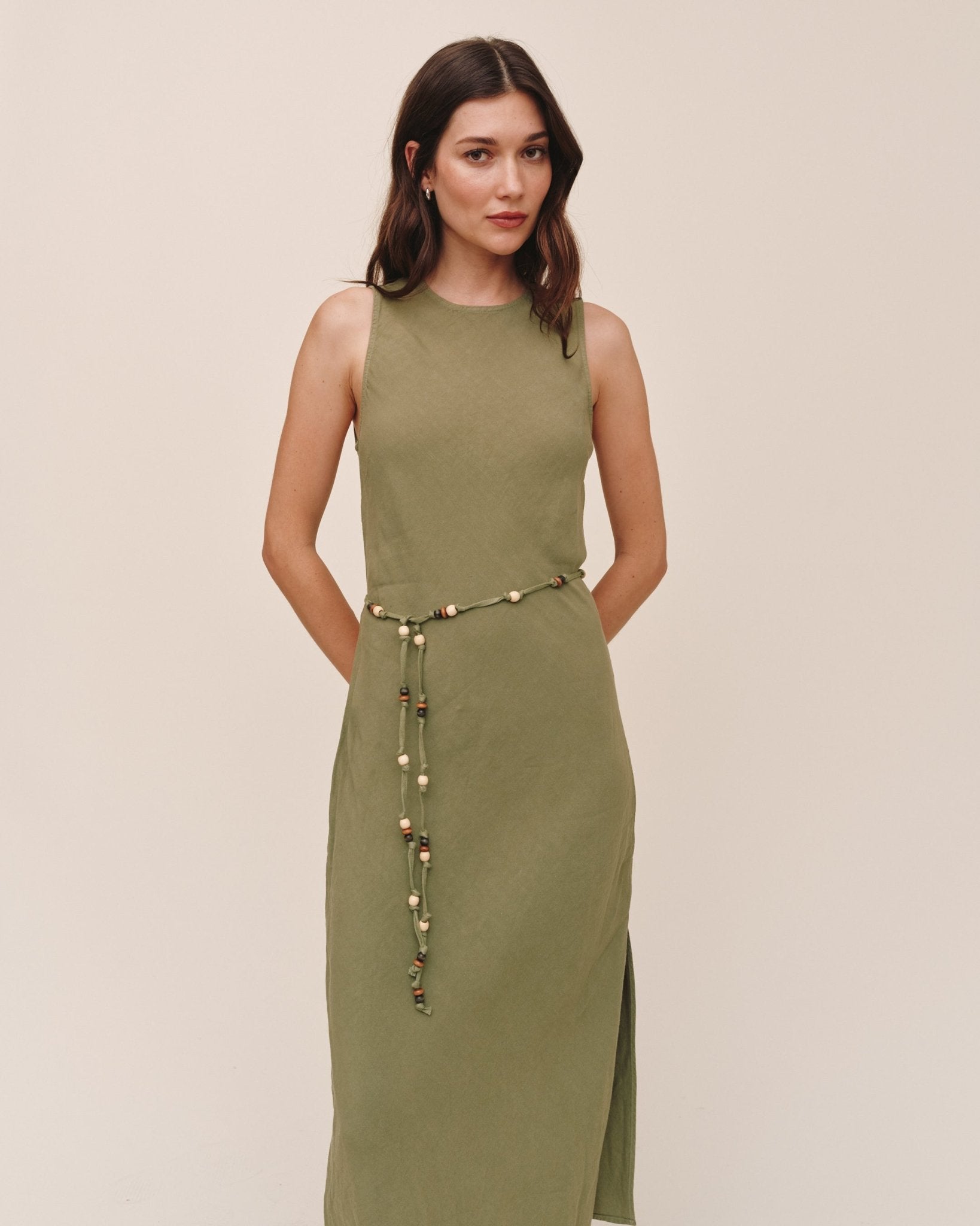 Bella Dahl Bias Midi Dress With Beaded Belt - Olive Leaf