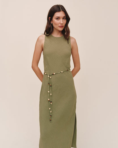 Bella Dahl Bias Midi Dress With Beaded Belt - Olive Leaf