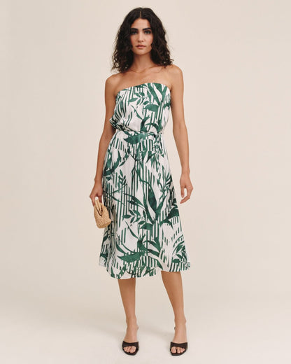 Bella Dahl Flowy Strapless Midi Dress - Palm Paradise Print