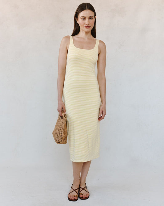 Bella Dahl Square Neck Fitted Midi Dress - Lemon Meringue Stripe