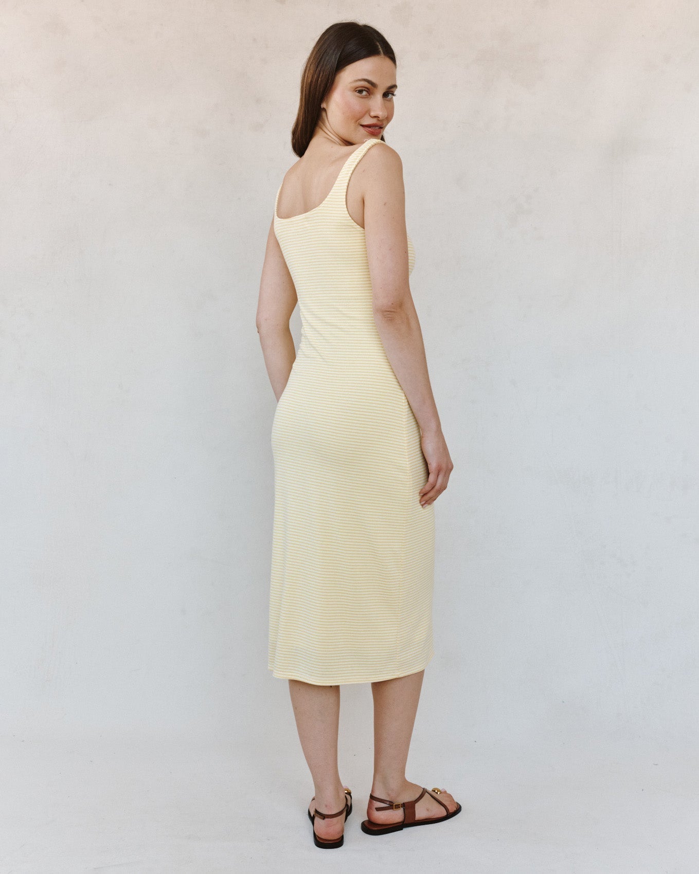 Bella Dahl Square Neck Fitted Midi Dress - Lemon Meringue Stripe