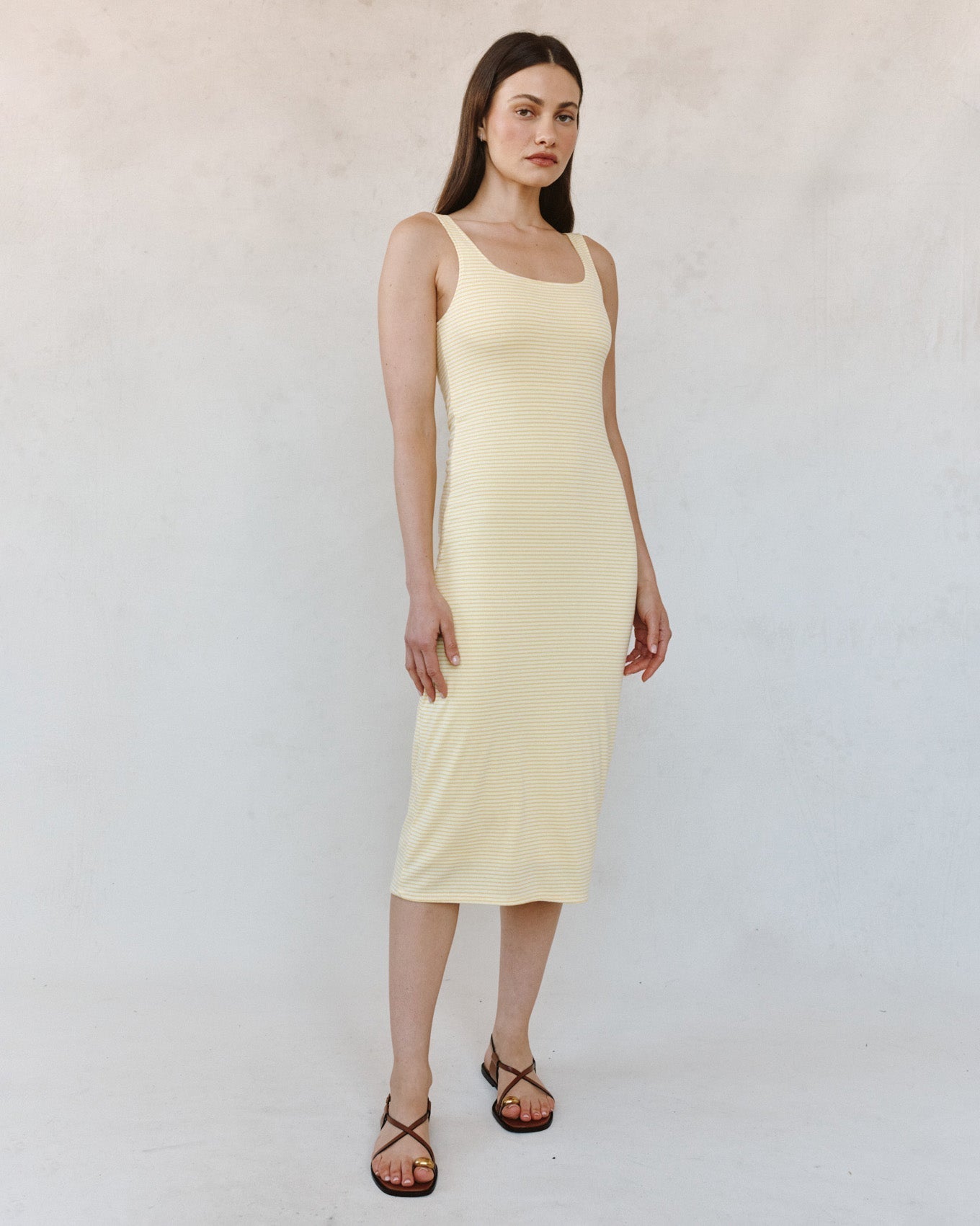 Bella Dahl Square Neck Fitted Midi Dress - Lemon Meringue Stripe