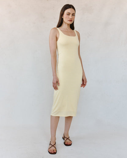 Bella Dahl Square Neck Fitted Midi Dress - Lemon Meringue Stripe
