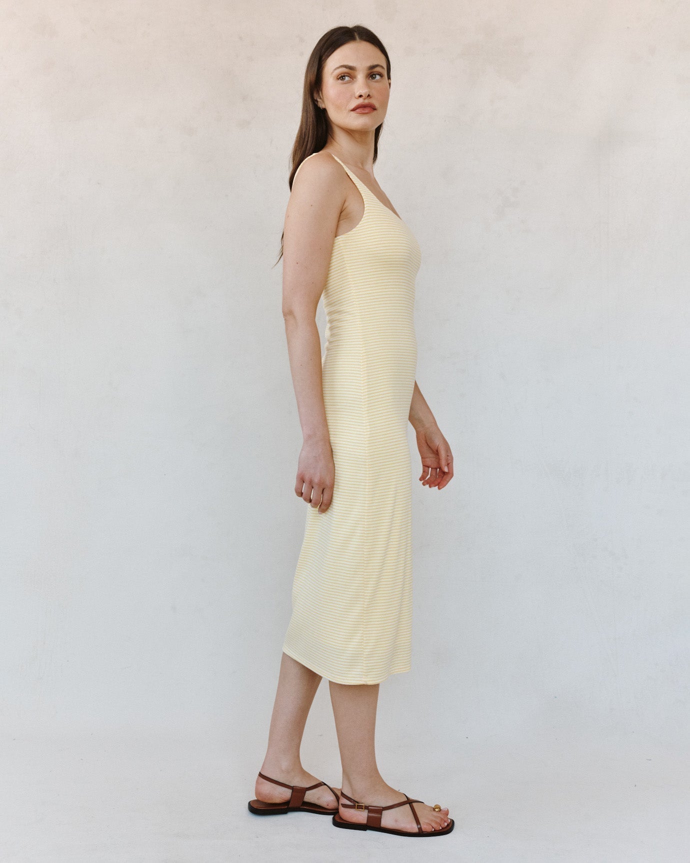 Bella Dahl Square Neck Fitted Midi Dress - Lemon Meringue Stripe