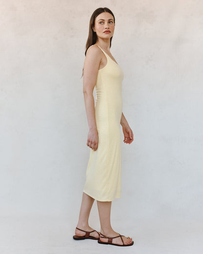 Bella Dahl Square Neck Fitted Midi Dress - Lemon Meringue Stripe