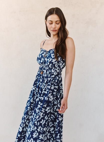 Bella Dahl Elastic Waist Midi Dress - Indigo Bloom Print
