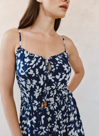 Bella Dahl Elastic Waist Midi Dress - Indigo Bloom Print