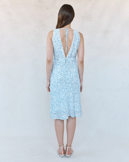 Bella Dahl V-Neck Tie Back Bias Midi Dress - Blue Ditsy Floral Print