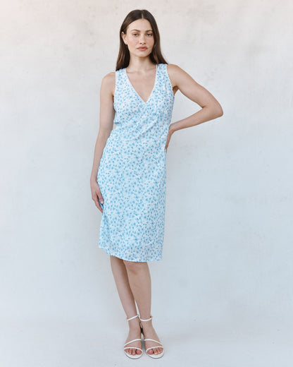Bella Dahl V-Neck Tie Back Bias Midi Dress - Blue Ditsy Floral Print