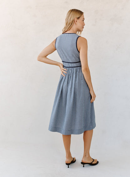 Bella Dahl Fit & Flare V Neck Midi Dress - Navy Micro Gingham