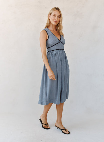 Bella Dahl Fit & Flare V Neck Midi Dress - Navy Micro Gingham