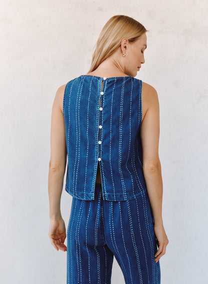 Bella Dahl Sleeveless Button Back Top - Indigo Stripe