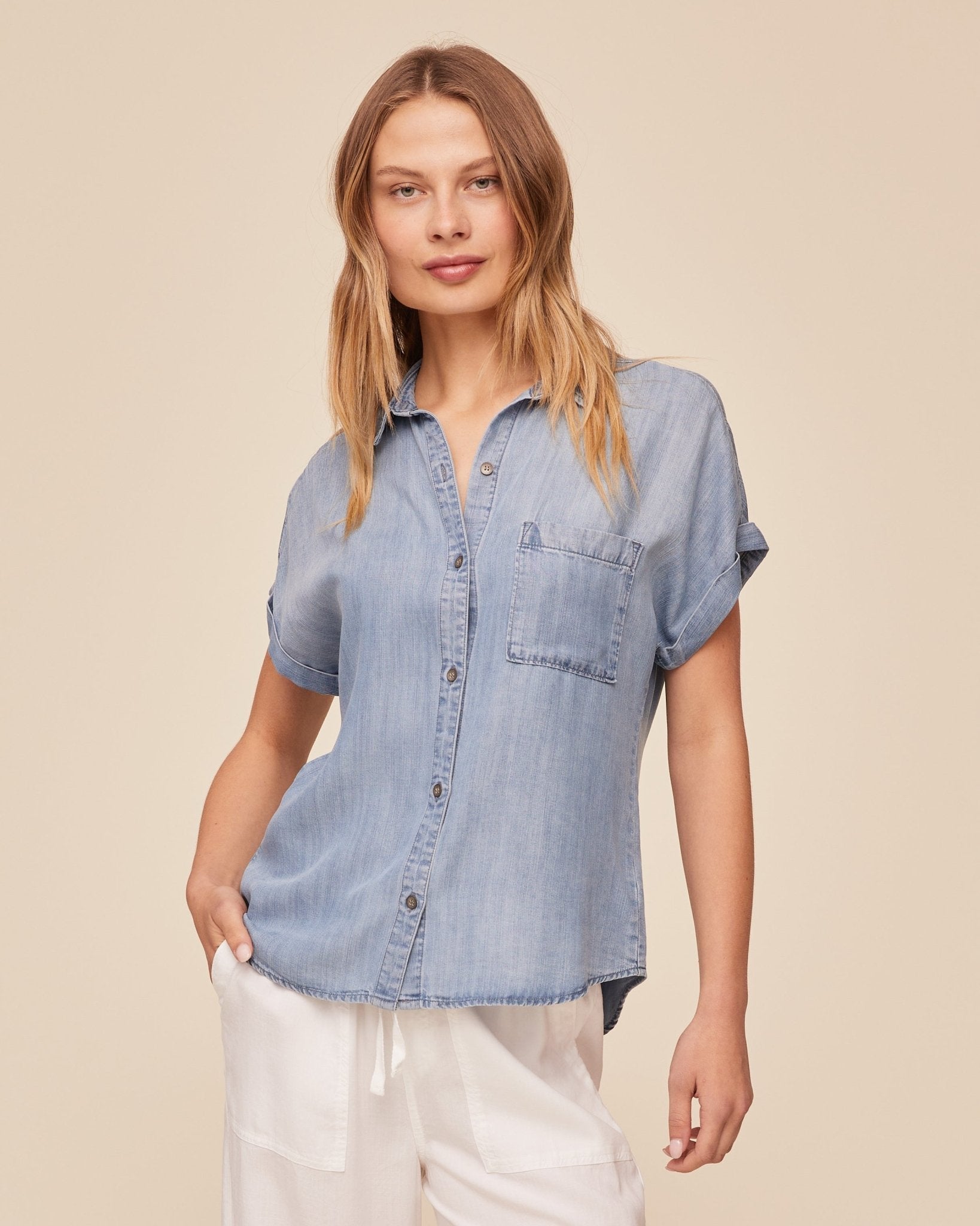 Bella Dahl Short Sleeve Pocket Button Down - Worn Blue Wash