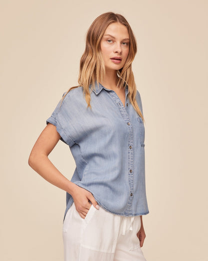 Bella Dahl Short Sleeve Pocket Button Down - Worn Blue Wash