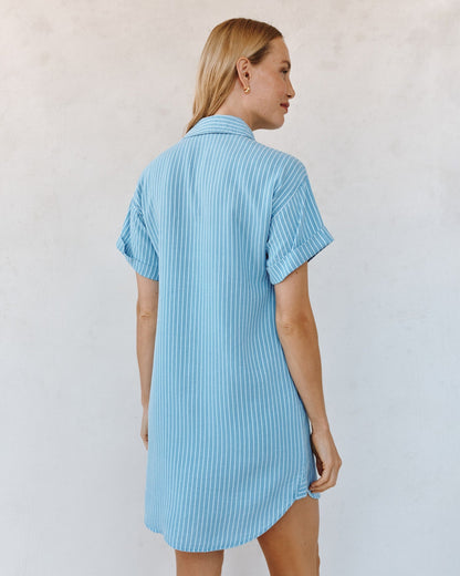 Bella Dahl Roll Sleeve Pocket Shirt Dress - Coastal Stripe Wash