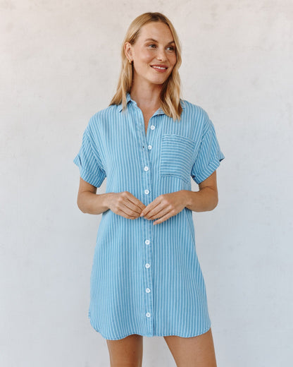 Bella Dahl Roll Sleeve Pocket Shirt Dress - Coastal Stripe Wash