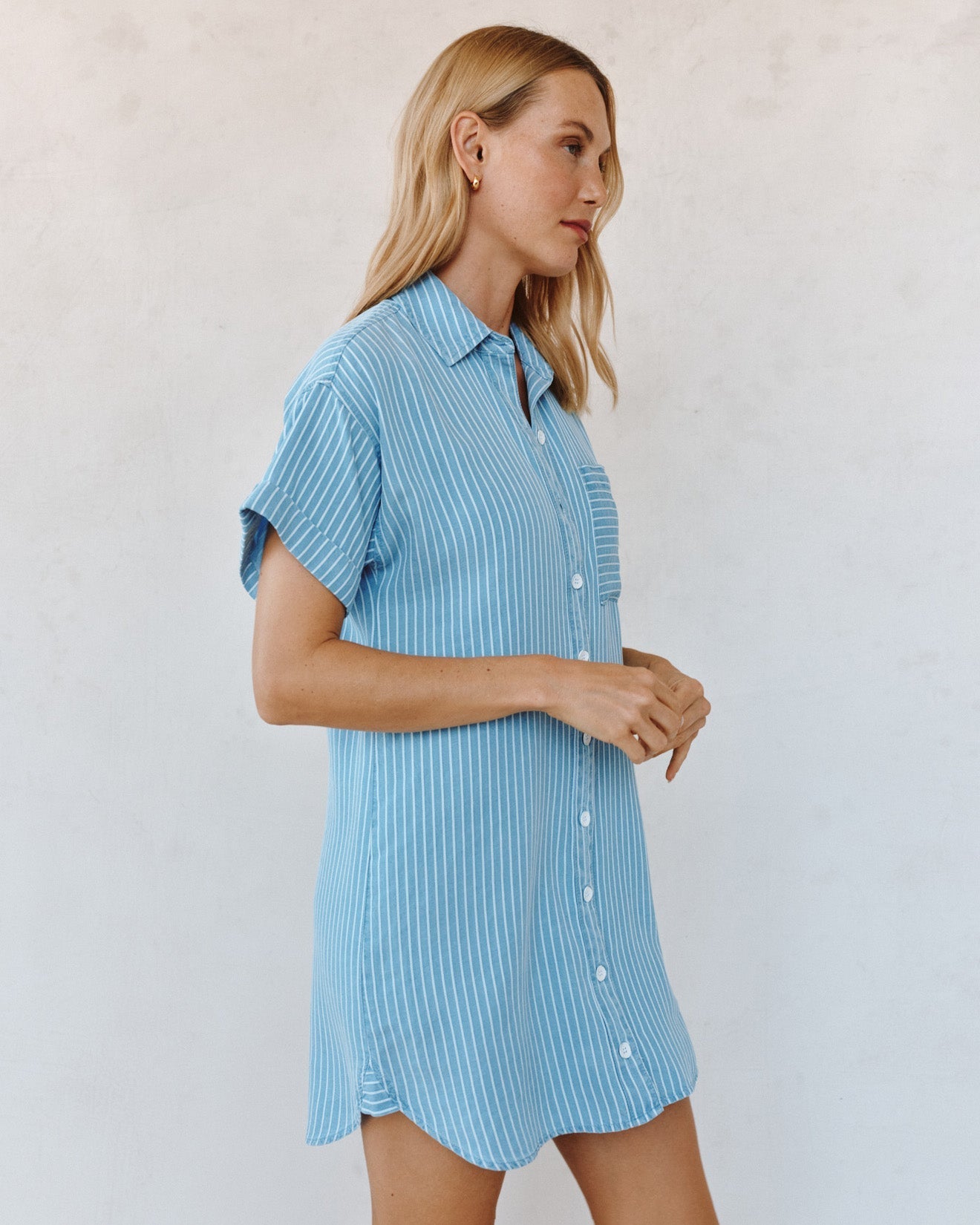 Bella Dahl Roll Sleeve Pocket Shirt Dress - Coastal Stripe Wash