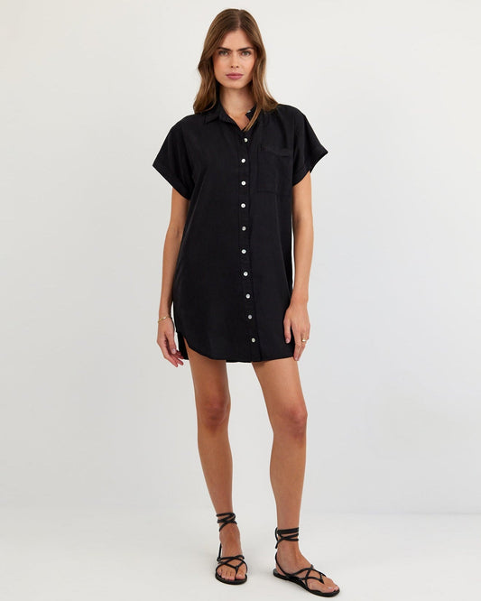 Bella Dahl Roll Sleeve Pocket Shirt Dress - Vintage Black
