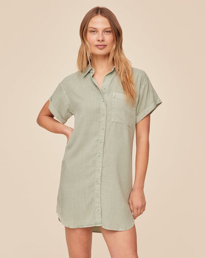 Bella Dahl Roll Sleeve Pocket Shirt Dress - Oasis Green