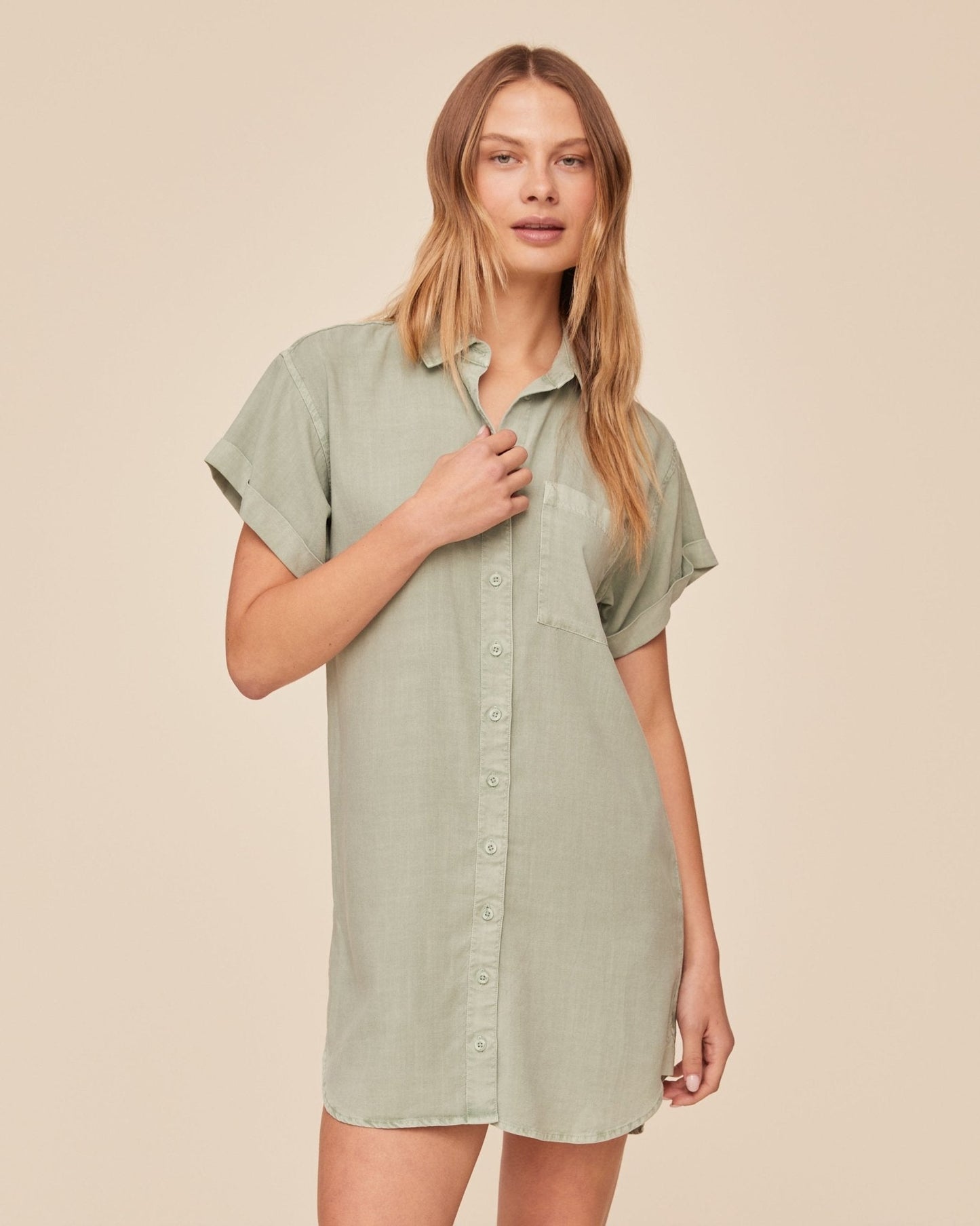 Bella Dahl Roll Sleeve Pocket Shirt Dress - Oasis Green