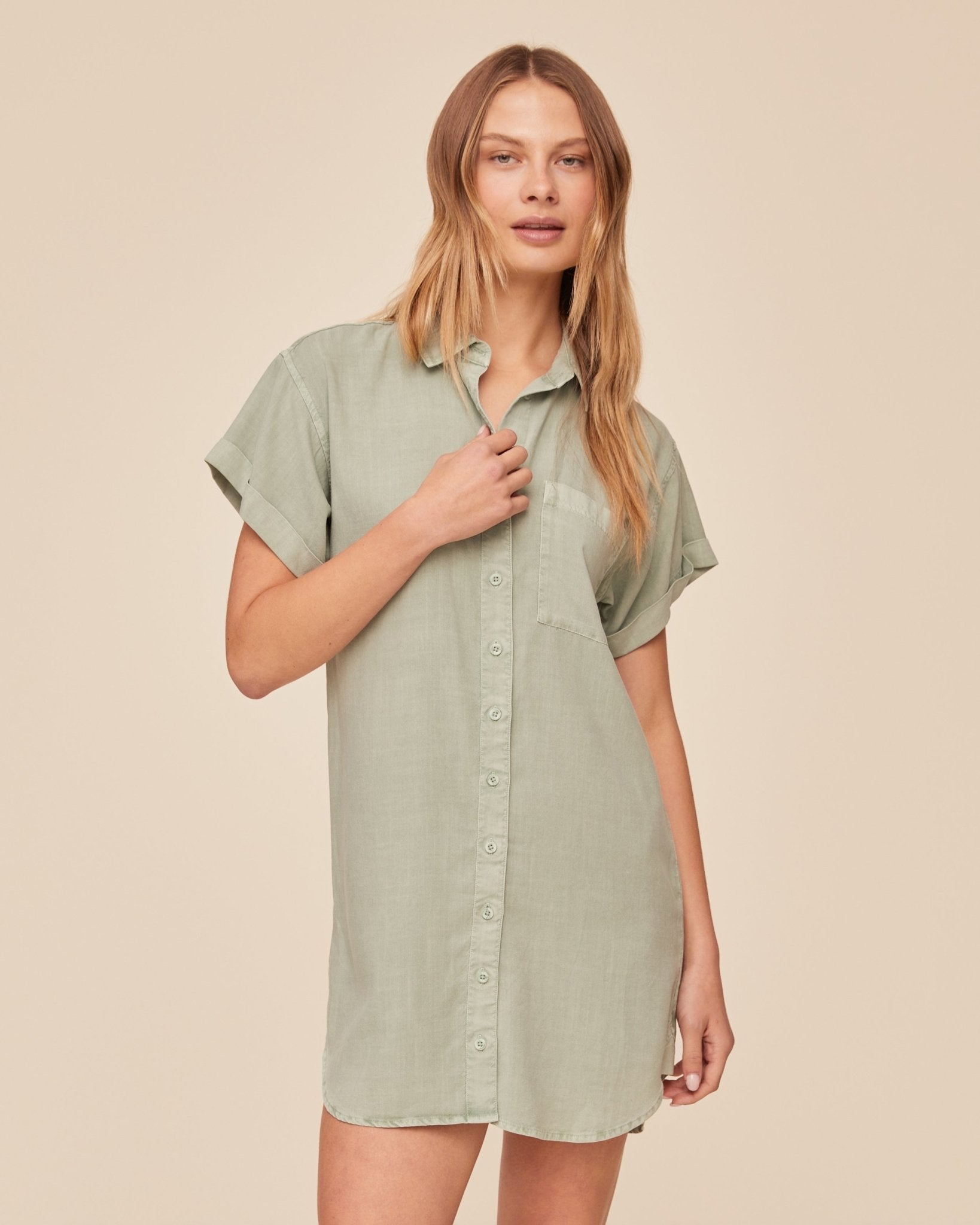 Bella Dahl Roll Sleeve Pocket Shirt Dress - Oasis Green
