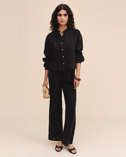 Bella Dahl Mandarin Collar Trimmed Button Down - Black